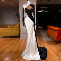 Color Matching Satin Evening Dresses White and Black Latest Design High Collar Long Sleeves Prom Party Dresses Mermaid Gowns