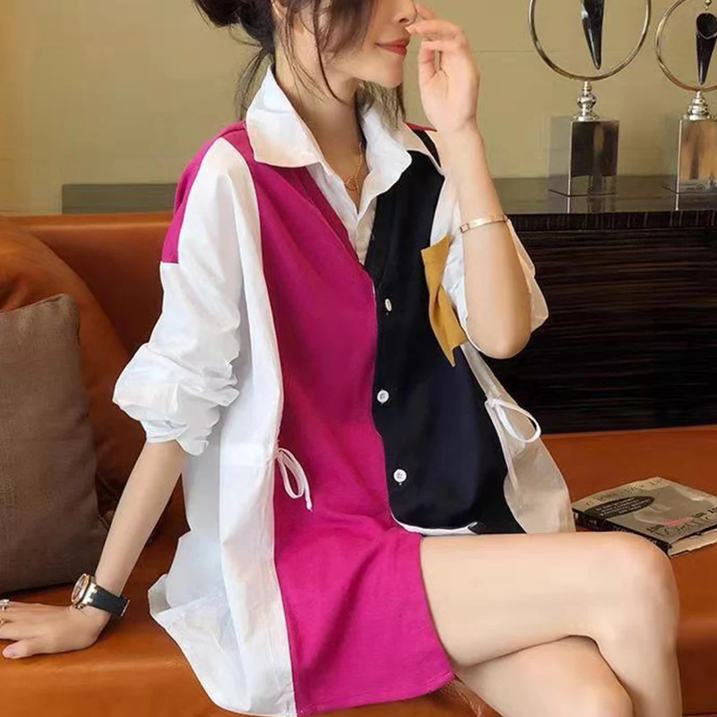 Spring Autumn Streetwear Patchwork Irregular Loose Casual Buttons Shirt Women Trend Fashion All-match Blouse Female Cardigan Top