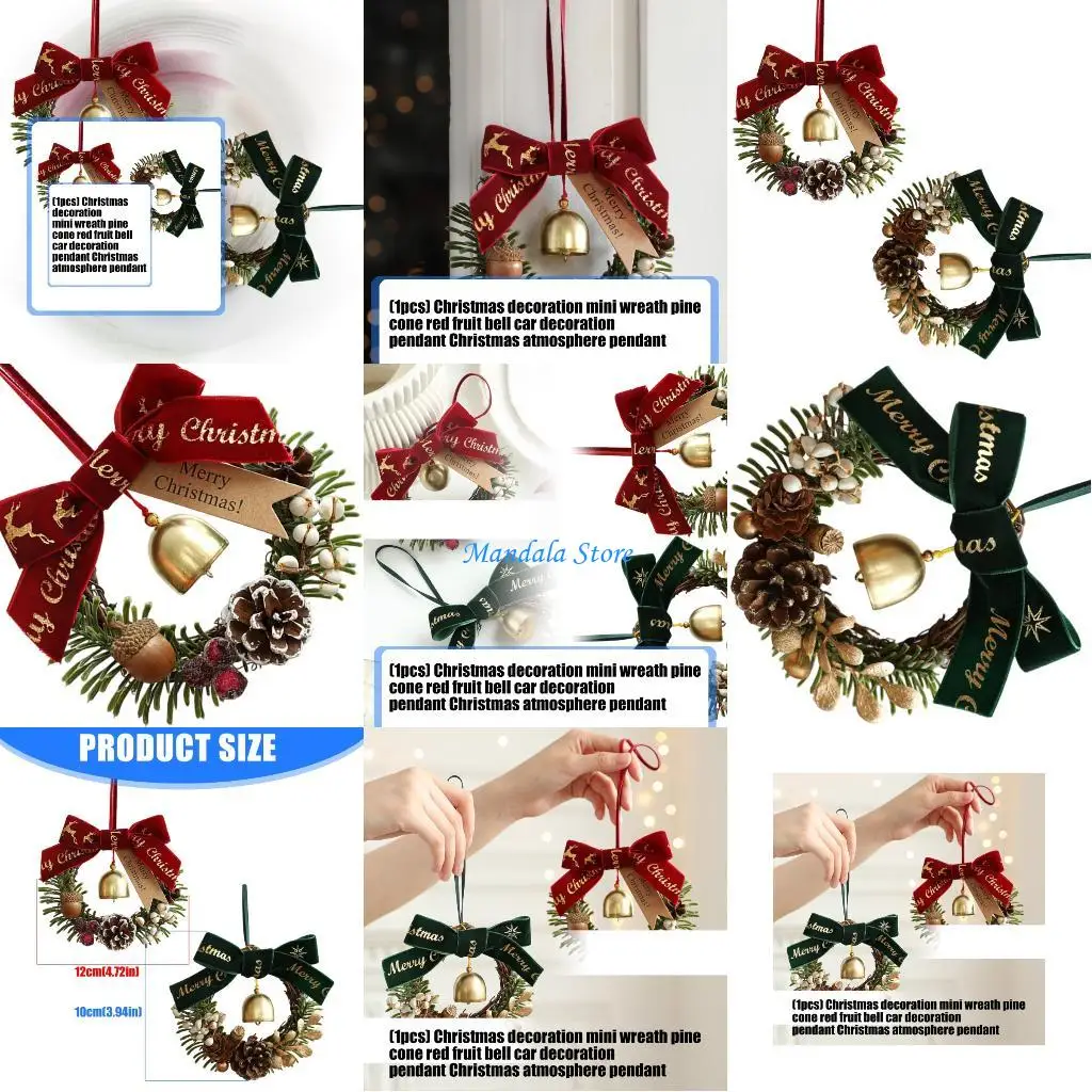 

U2JC Christmas Tree Ornament Mini Wreath Design Natural Pinecones Berries Red Bells Decoration