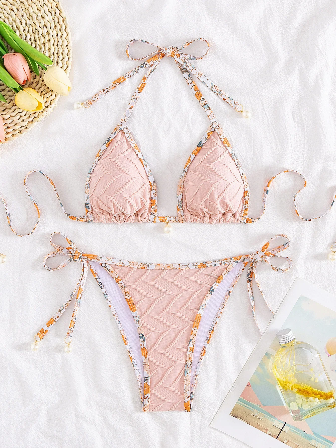 

Sexy Pink Patchwork Bikini Set 2025 Women Pearls Ornament Hole Out Triangle Swimsuit Brazilian Beach Bathing Suit Micro Swimwear