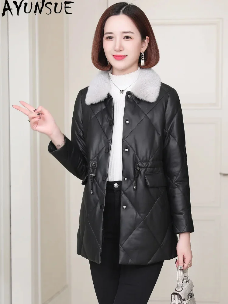 Real AYUNSUE Leather Down Jacket Women Winter 2024 Mid-length Elegant Genuine Sheepskin Coat Mink Fur Collar Black Coats