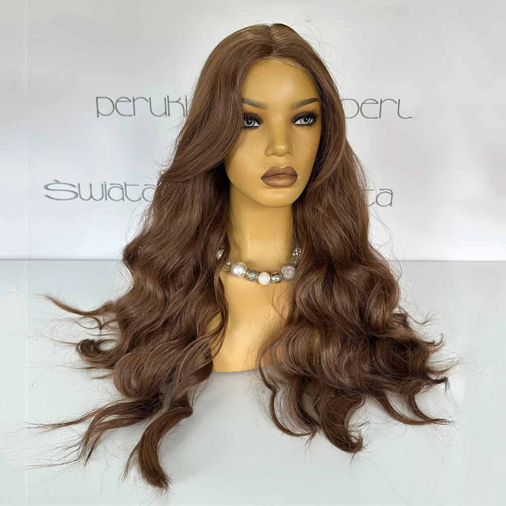 

Brunette Brown Honey Balayage Wavy Synthetic Wig Ombre HD Invisible Lace Front Wig Layered Middle Part 13x4 Free Part for Women