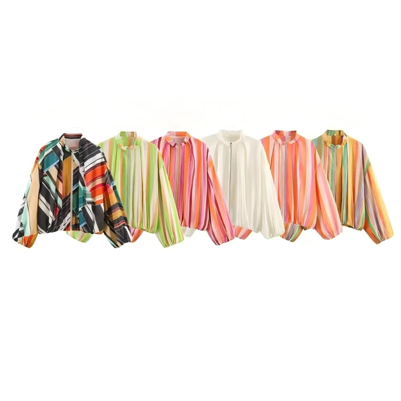 Women's Slim-Fit Striped Stand Collar Casual Print Pilot Jacket  Edition Euro-American Casual Fashion Street Old-Money Style