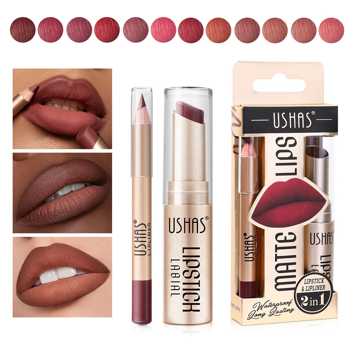 

USHAS 12 Color Lip Liner + LIPSTICK Set Non-stick cup waterproof Easy Coloring Matte Lipstick Long lasting nude red lipstick