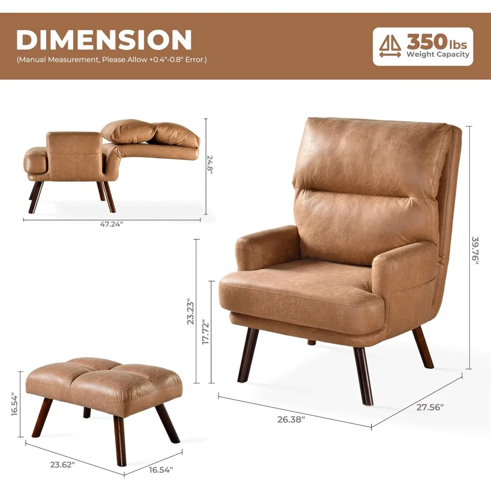 Reading Chair with Ottoman, Reclining Chair with Footrest, Accent Chair with Adjustable Backrest, Side Pocket