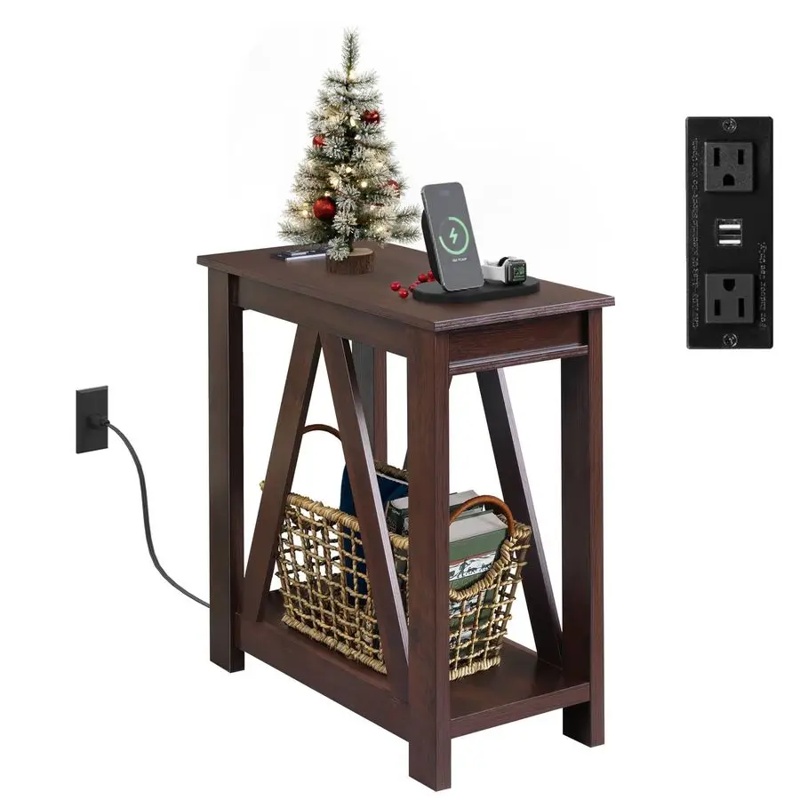

Narrow End Table with Charging Station of Open Storage ShelfSofa Side Table with 2 USB Ports and 2 Power OutletsSlim Farmhouse