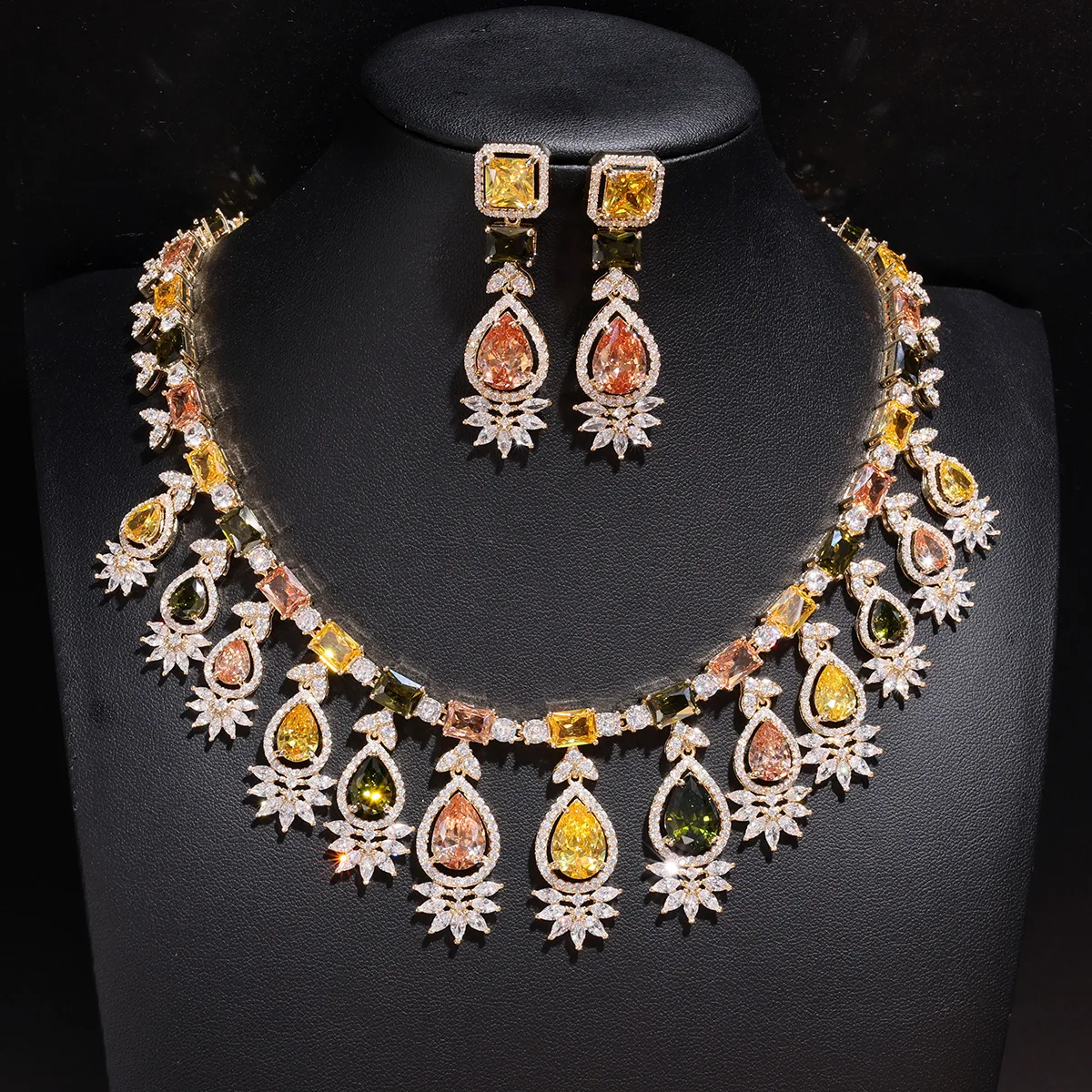

Women's colored gemstone tassel fully inlaid with zircon fashion wedding jewelry necklace and earring set