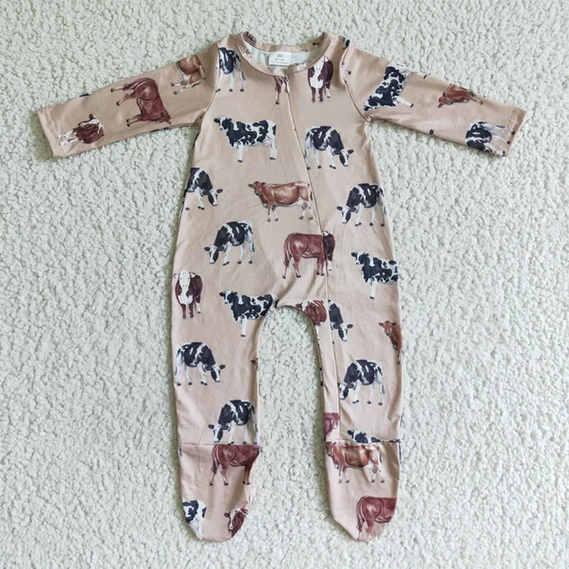 Baby Boys Romper Long Sleeve Western Farm Cow Print One-piece Todler Bodysuit Kids Boutique Clothes