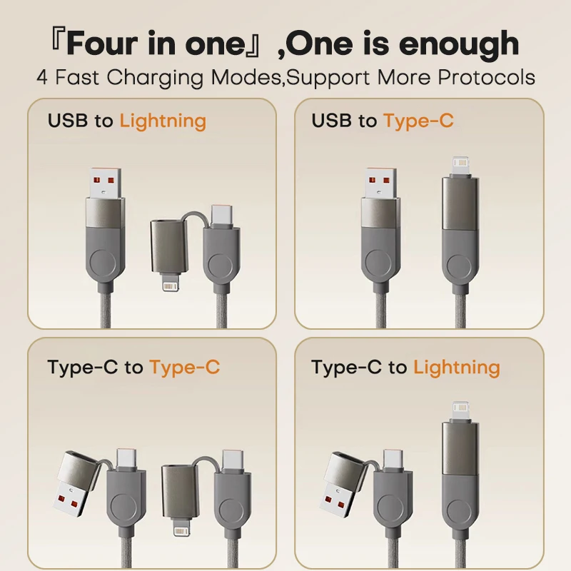 QOOVI 4 in 1 PD 240W Magnetic Suction Anti Winding USB C To C Fast Charger Cable Data Charging Wire for iPhone 16 Laptop Samsung