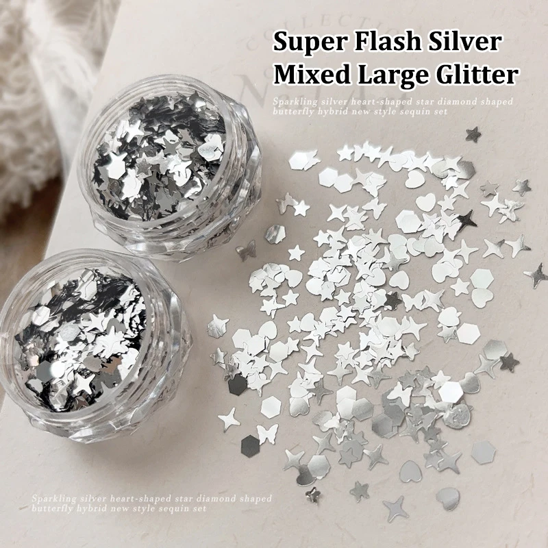 

1 Jar Shiny Silver Sequins Mix Shapes Starlight Love Butterfly Star Slice Nail Art Stickers Decals Manicure Paillette Charms