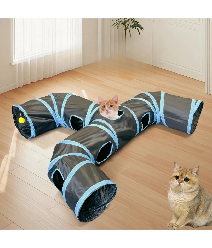 

Blue Three Ways Pet Play Tunnel Cubes Foldable Drill Barrel Bending Cat Kitty Indoor Tent Kitty Training Interactive Fun Toy