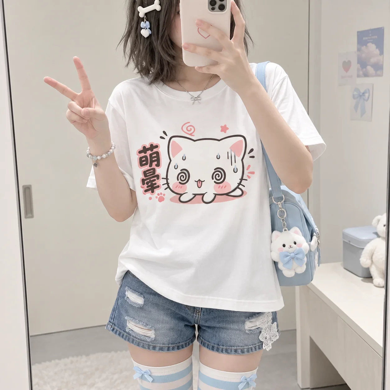 Women T-Shirt 100% Heavyweight Cotton Y2K Kawaii Style Breathable Casual Streetwear Teen Girls Dizzy Cat Cartoon Graphic Tee