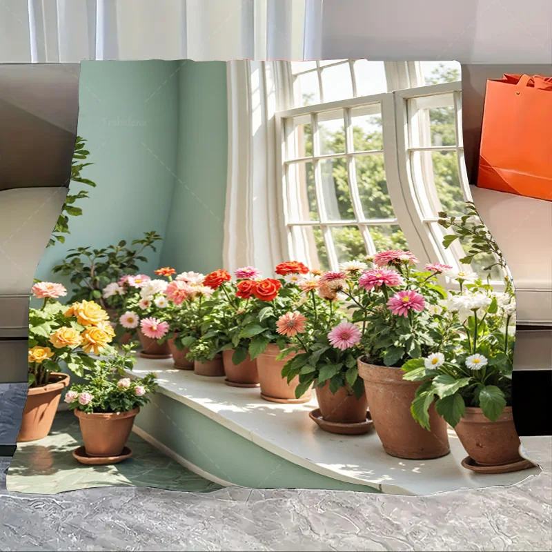 

1pc Flannel Blanket Charming Floral Window Scene Cozy Blanket for Home Decor