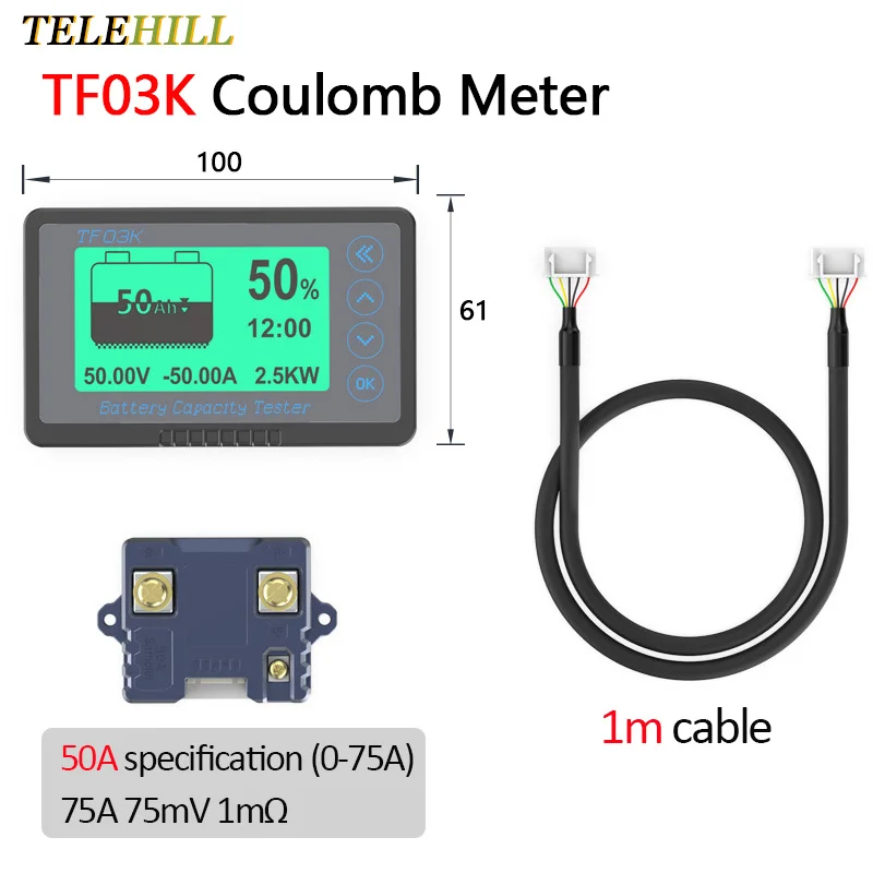 TF03K Coulomb Meter Electric Car Touring Battery Level Indicator 8-120V 50A 100A 350A Battery Capacity Tester with 1M Cable