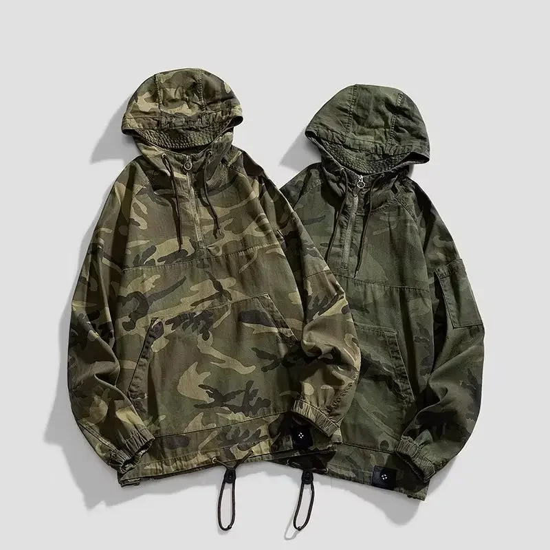 Camouflage Fleece Jacket Autumn/winter Workwear Hooded Outdoor Trendy Vintage American Style Casual Jacket Half-zip Utility