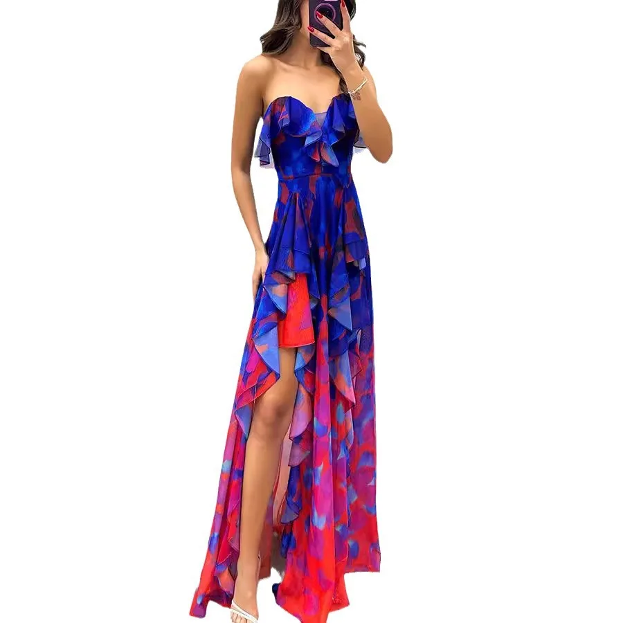 Abito lungo da donna Abiti senza spalline Abiti senza maniche alla caviglia Stampa Abiti larghi a vita alta Casual Beach Summer Party Night Club