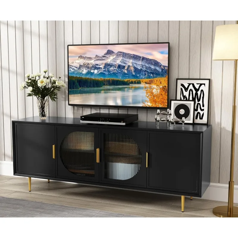 Modern TV Stand for 70 inch TV Black TV Console with 4 Glass Doors Entertainment Center with Storage Cabinet