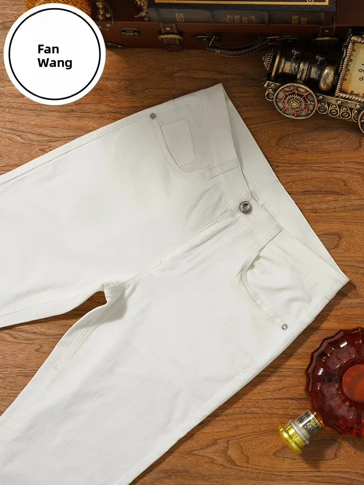 Casual White Cotton Denim Jeans Men's High Waist Elastic Summer Thin Straight Leg Long Pants Fashionable Urban Style Water Re...