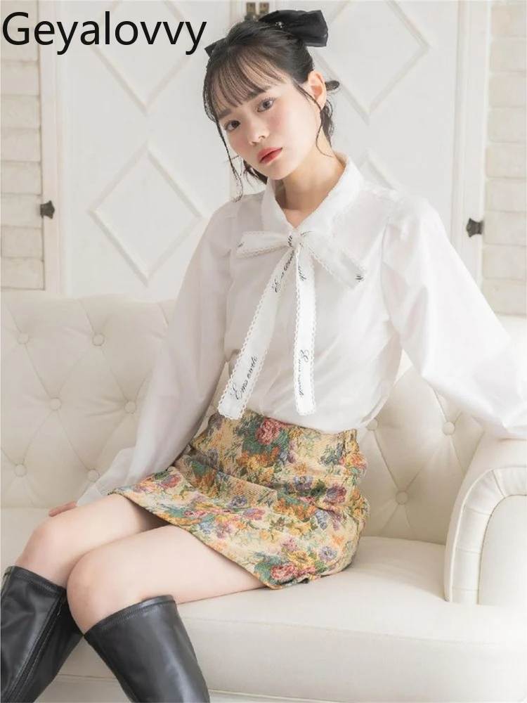 

Sweet Versatile Pure Original Long Sleeve Shirt with Detachable Letter Print Ribbon Bow Lace Edge Single-Breasted Tops