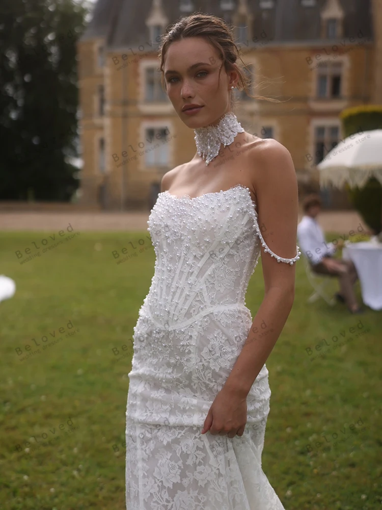 Abiti da sposa glamour Abiti da sposa moderni Applicazioni in pizzo Abiti sexy senza spalline Splendidi Abiti da sposa Personalizzati 2025