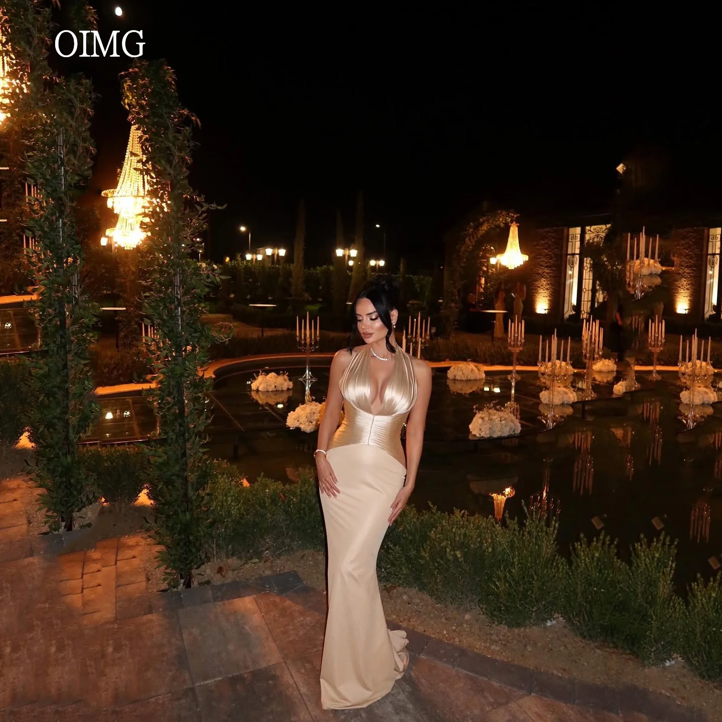 

OIMG Sexy Champagne Mermaid Prom Gowns V Neck Sleeveless Party Gown Shimmery Floor Length Evening Dress Customized