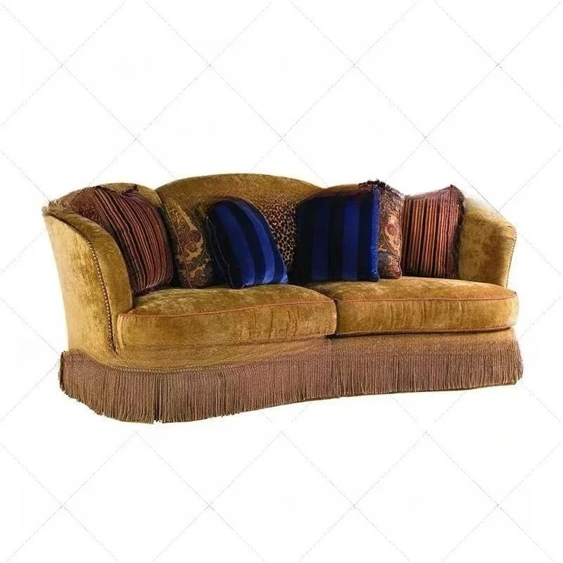 Retro fabric designer small apartment solid wood three-person sofa French home living room sofa velvet bedroom