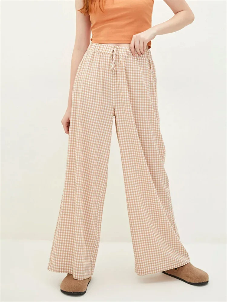 CHRONSTYLE-Pantalones largos elásticos para mujer, pantalón de cintura alta con estampado a cuadros y cordón, de pierna ancha, holgado e informal, ropa de calle para discoteca, verano, 2024