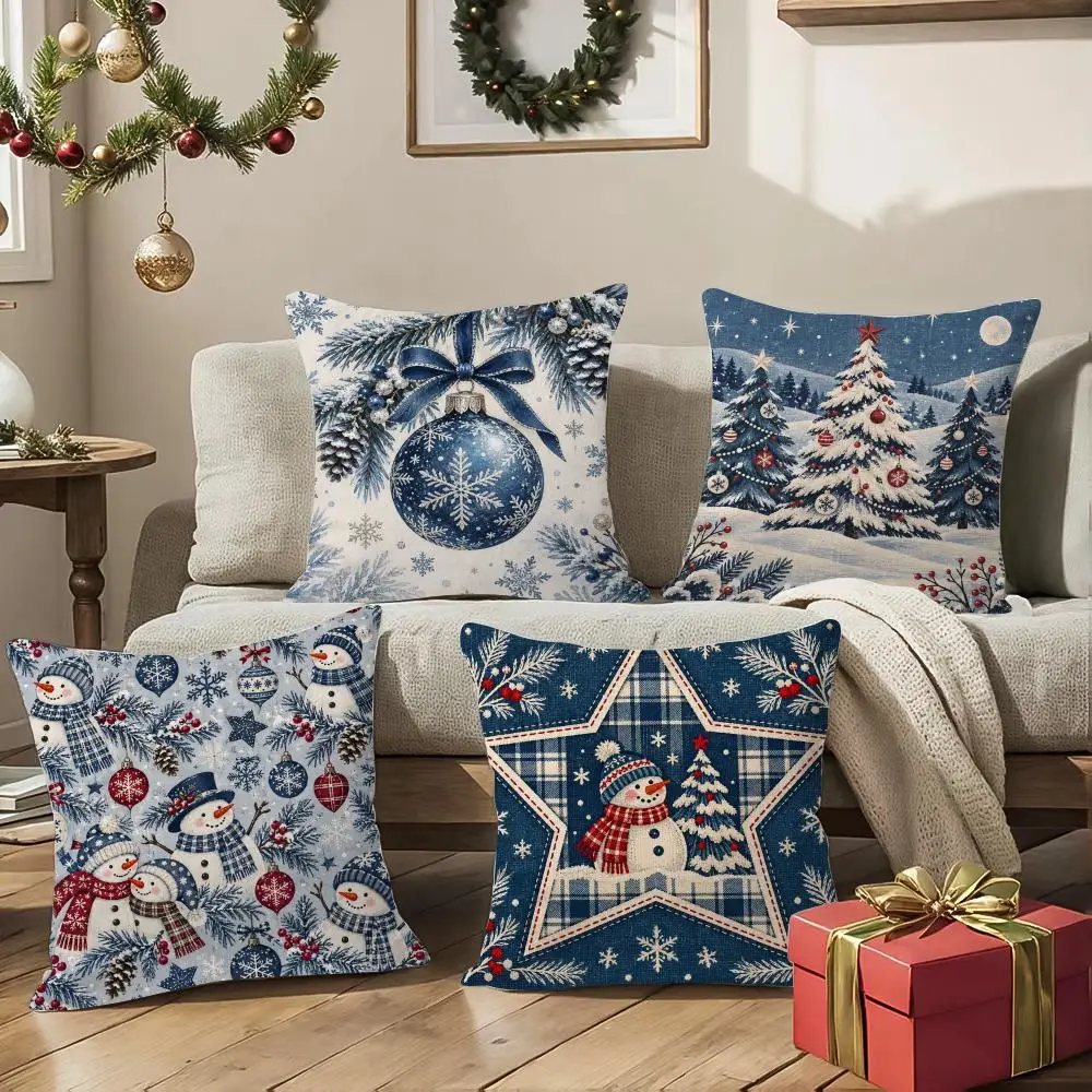 Blue Winter Christmas Art Cushion Cover 1/4Pcs Soft Plush Throw Pillow Cover Double-Sided Print Sofa Living Room Decor