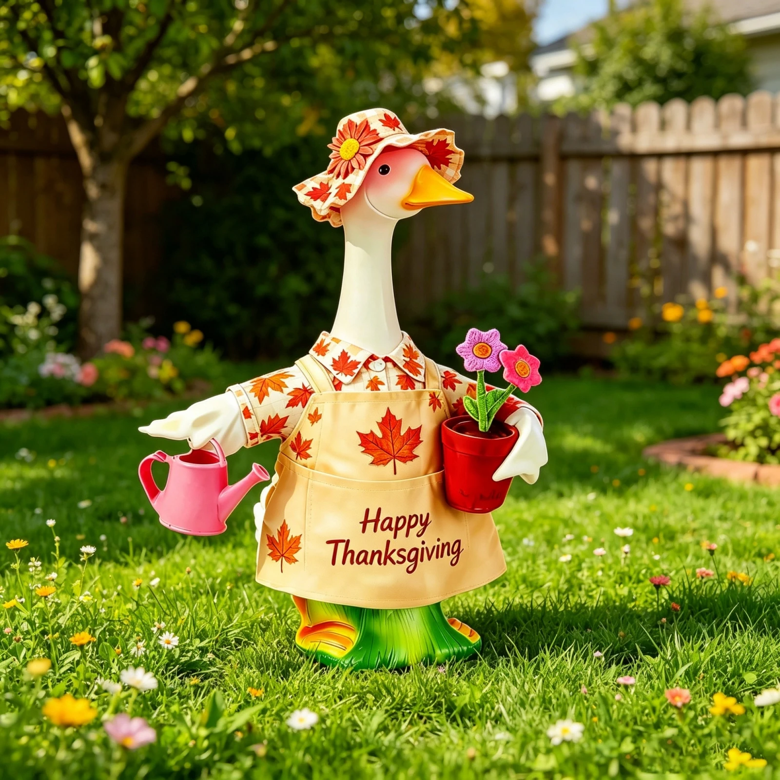 Porch Goose Thanksgiving Outfits Maple Leaf Print Shirt + Sun Hat + Overall Dress for 23 Inch Goose