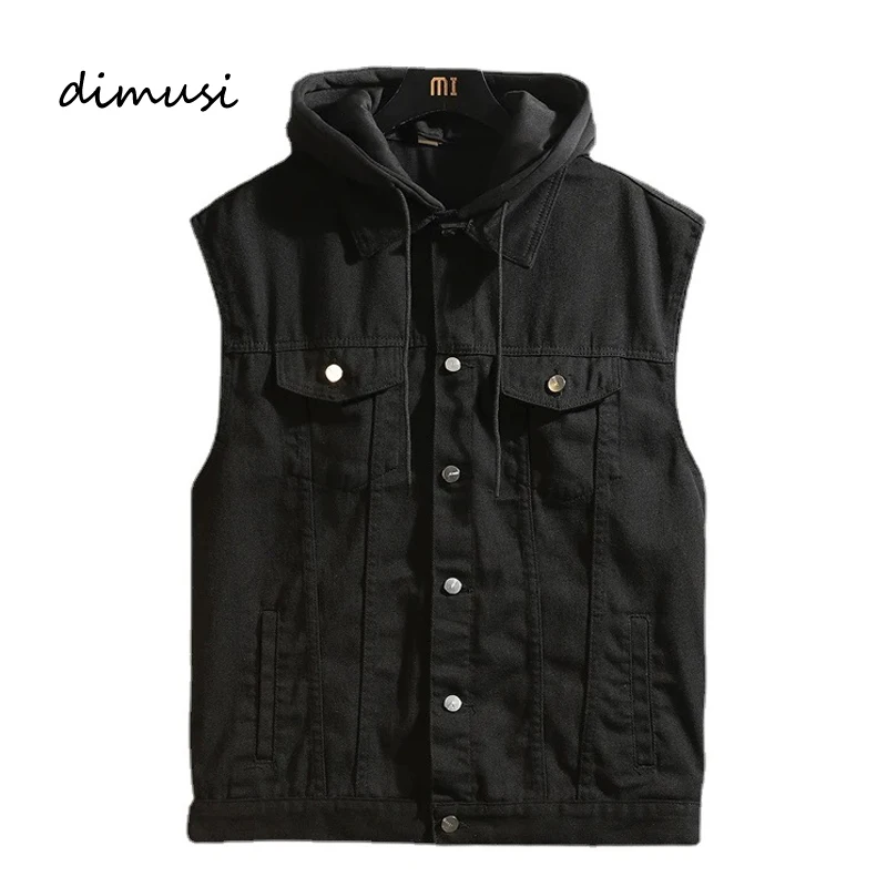 

Autumn Winter Men's Denim Vest Fashion Retro Streetwear Jean Waistcoat For men Black Leisure Hooded Sleeveless Jackets Clothing