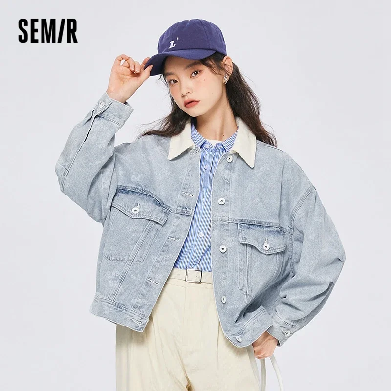 Semir Women Jacket Denim  Hit Color Lapel Printed Jacket Niche Casual Autumn Trendy Personality Loose Clothes Jacket for Women