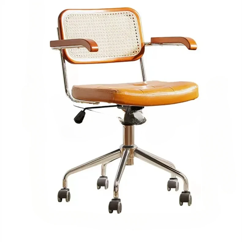 Retro Bamboo Rattan Woven Backrest Chair Office 360-Degree Swivel and Lift Computer Chair Study Office Chair Single Seat