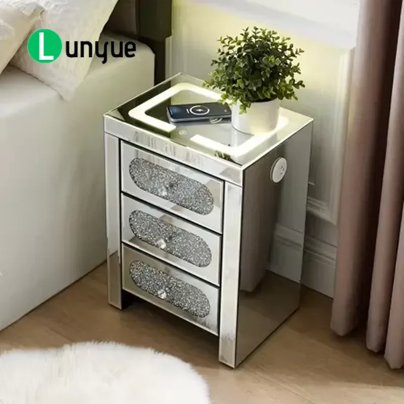 Modern Mirrored Smart Bedside Table with Wireless Charging Nightstand for Bedroom Living Room Furniture Storage Decor