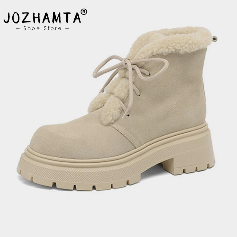 

JOZHAMTA Size 33-40 Women Genuine Leather Flats Heels Round Toe Winter Warm Shoes Woman Office Lady Working Shoes Snow Boots