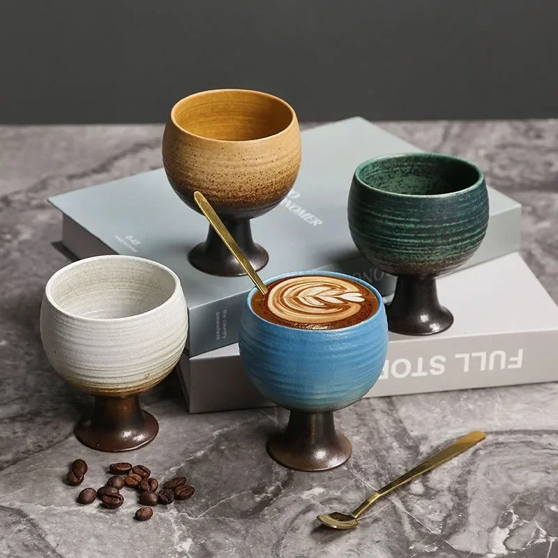 Coarse Pottery Coffee Cup Retro Style Dessert Yogurt with Spoon Goblet Leisure Afternoon Tea Desktop Decoration Ceramic Cup