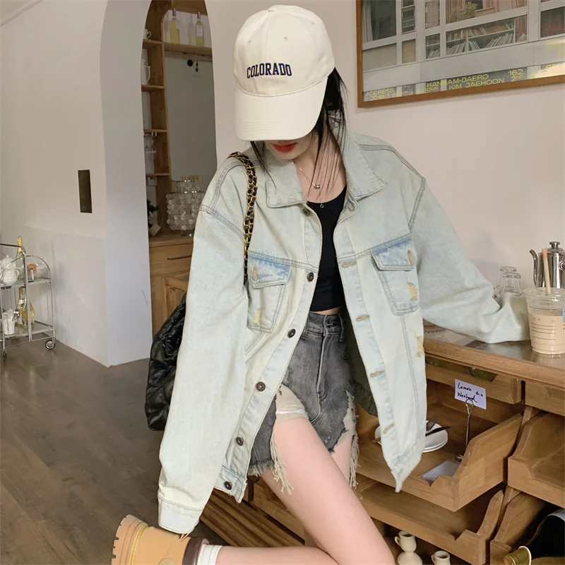 

Denim Coats Unisex Womens Spring Adjustable Hollowed Out Pleated Flip-Collar Versatile Training Ultra-Light O-Neck Preppy Style