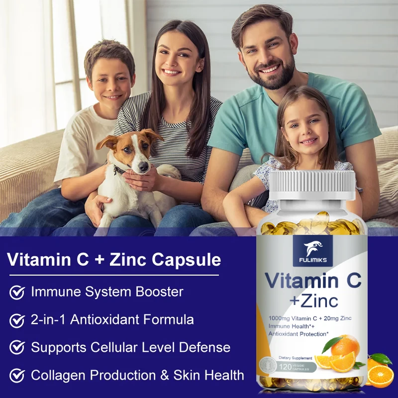 Vitamin C + Zinc Capsules - 1000 Mg, Immune System & Collagen Booster, Highly Absorbable Fat Soluble Vitamin C, Skin Vitamin