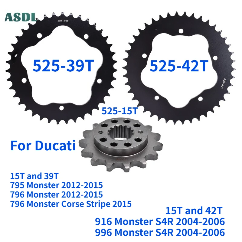 

525 39T 42T 15T Motorcycle Front Rear Sprocket Carburized Steel for Ducati 795 796 Monster Corse Stripe 12-15 916 996 S4R 04-06