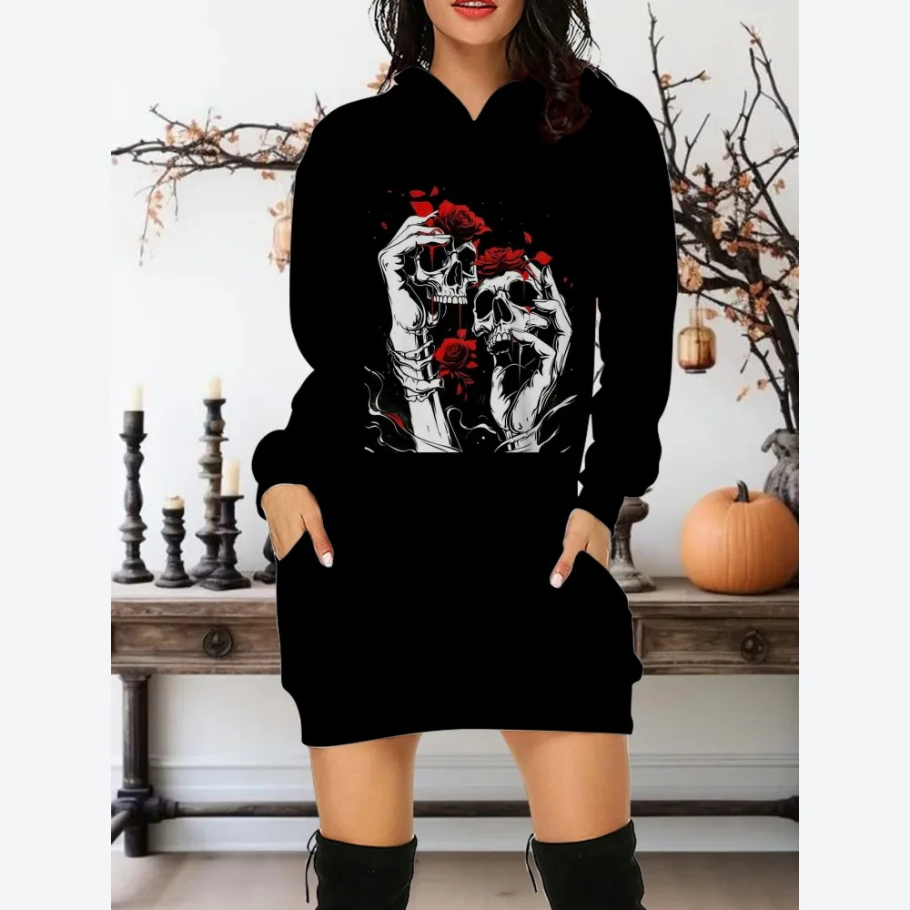 Halloween Clothes Long Sleeve Hoodies&Sweatshirts For Women Halloween Skull And Rose Print Party Sweatshirt Hoodie Mini Dress