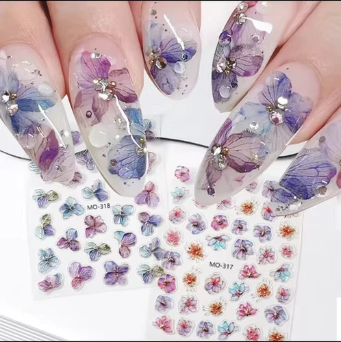 Imagen 2 del producto Pegatinas 5d en relieve para decoración de uñas, calcomanías semitransparentes de flores azules y moradas, líneas doradas, decoraciones para puntas de uñas, manicura