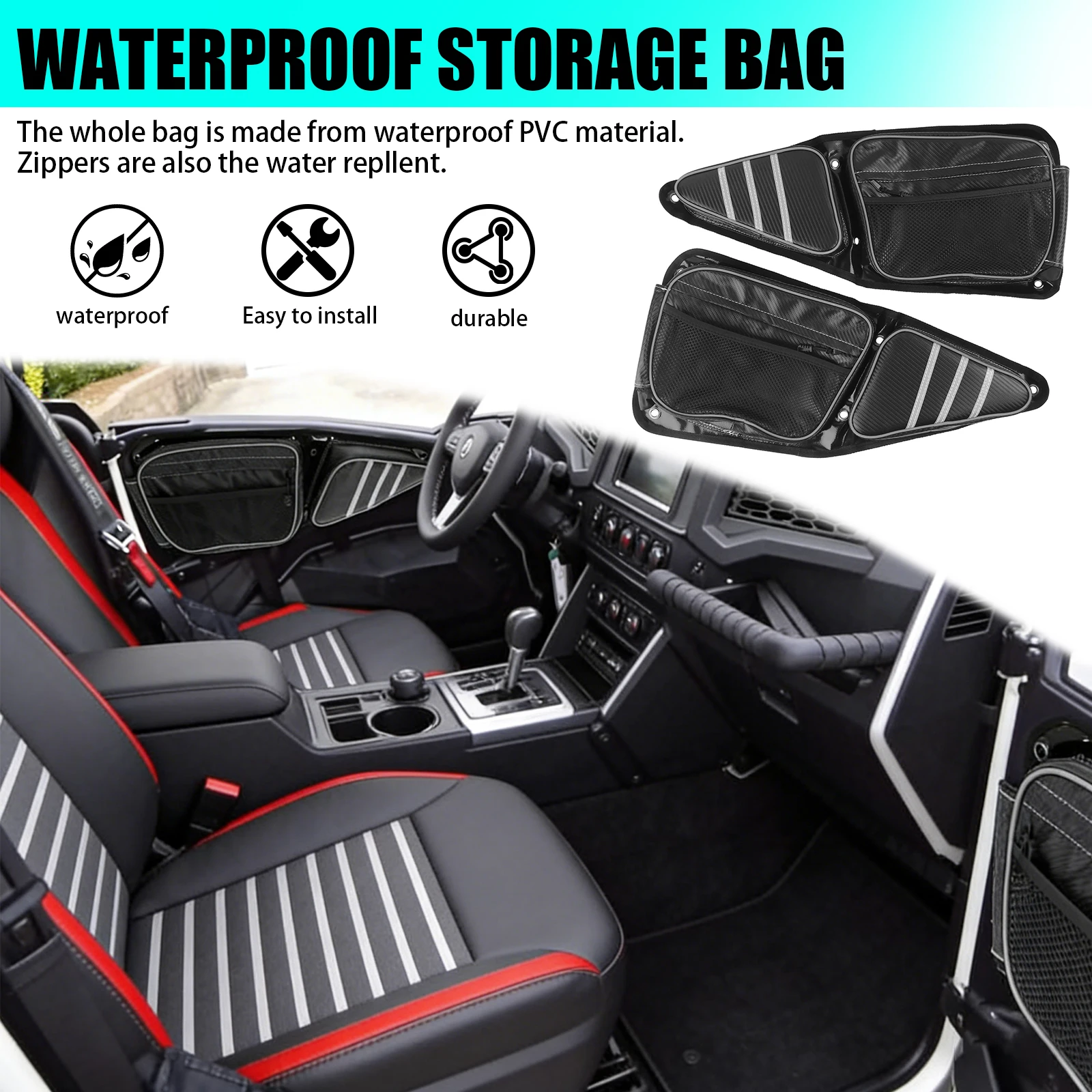 Heavy Duty Black Front Side Door Storage Knee Pad Bag for UTV Polaris RZR XP 1000 900 S Left & Right For 2014-2018