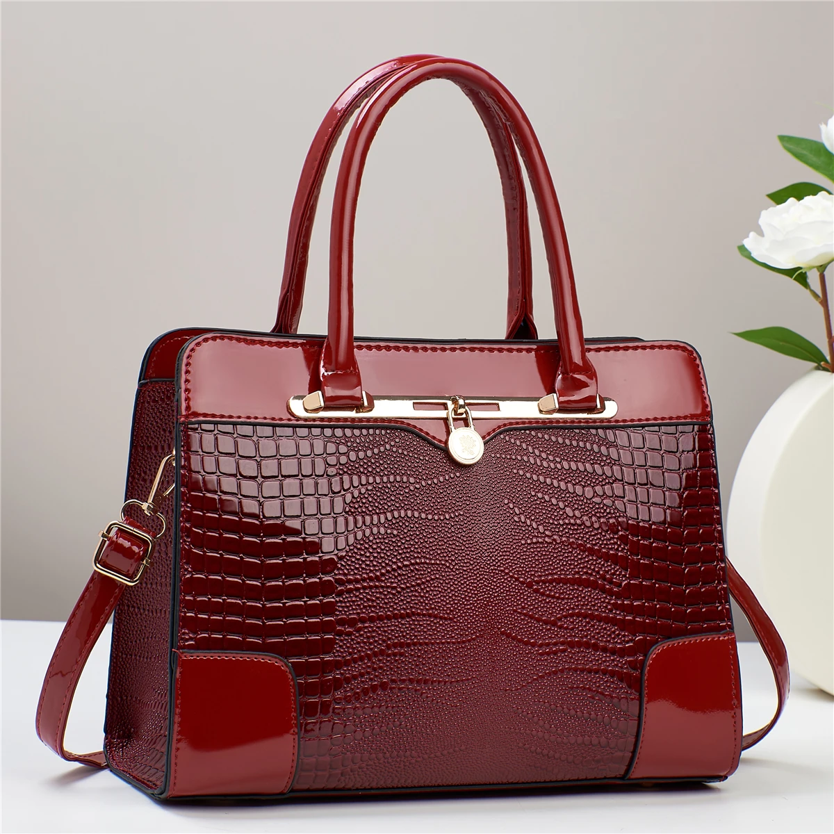 Trendy Crocodile Pattern Tote Bag, Portable Multi-pocket Shoulder Bag, Perfect Handbag For Commuting