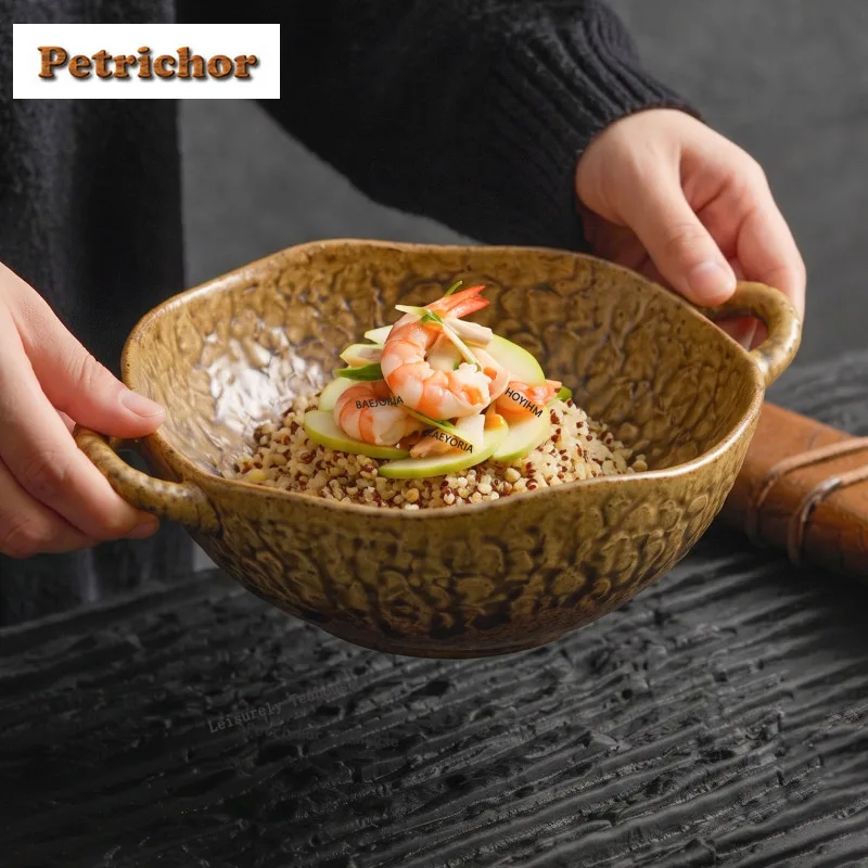 HOYIHM Reactive Glaze Rock Texture Double-handled Bowl Rice Bowls Trinket Dish Oats Basin Bowls Japanese Cuisine Flatware