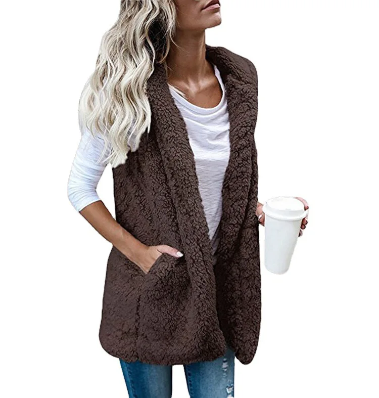 Autumn and winter plus size women's fashion solid color sleeveless hooded pocket vest with vest and fur