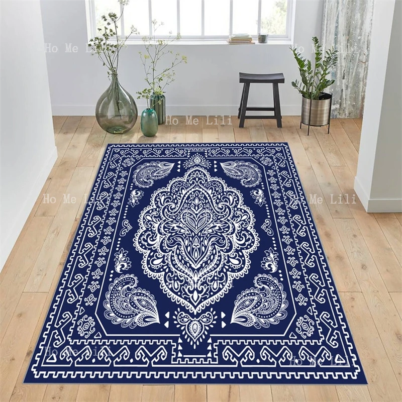 Paisley Bandana Pink And Dark Blue Aztec Pattern Themed Flannel Floor Rug Home Decor Carpet For Living Room