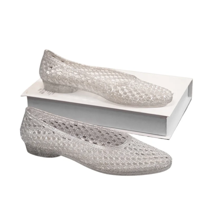 Summer Flat Sandals Women Hollow Out Crystal Plastic Jelly Shoes Mesh Outdoor Sandals