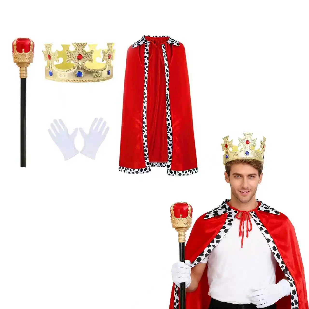 Conjunto de disfraz de rey: corona, capa roja, cetro y guantes, juego de cuatro piezas: perfecto para fiestas de disfraces de rey cosplay.