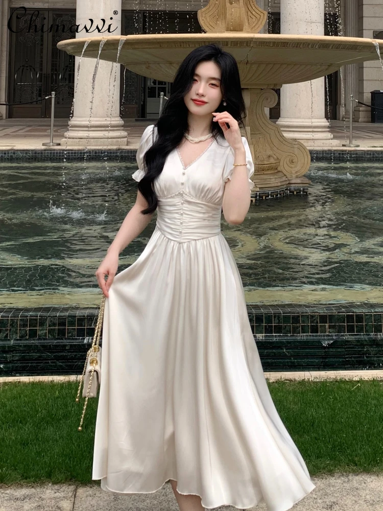 

French Simple Graceful Satin Pleated Beaded Pearl V-neck Puff Sleeve High Waist Slim Fit A-line Elegant Long Dress Women Summer