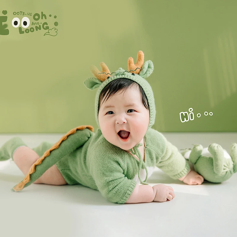 Newborn Baby Photography Props Knitted Dinosaur Theme Set Crochet Clothing With Tail Dragon Doll 3-5 Month Baby Photoshoot Props