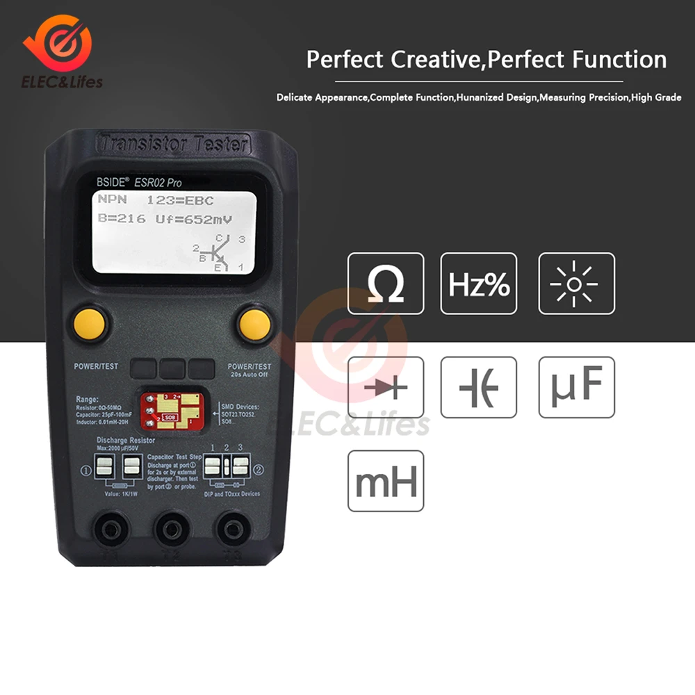 Multi-purpose Smart Transistor Tester Esr Smd Esr02pro Diodo Triode Capacitância Resistor Medidor Medidor Lcd Mos Pnp Teste Npn Esr02